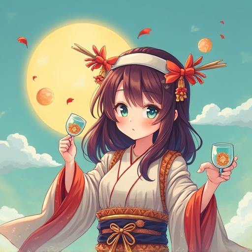 Anime character wearing traditional clothing. Holding drinks. Bright sun in background. Colorful elements around. Beautiful and whimsical design.