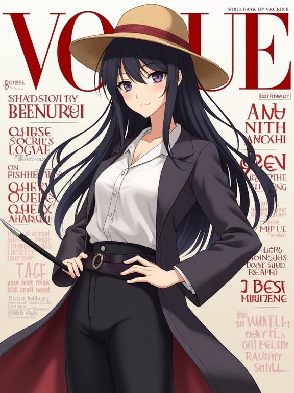 Female version of Shunsui Kyōraku stands confidently. Hips angled to the side. One hand on hips. Relaxed expression with seriousness. Wears Shunsui's signature clothing. Long, loose, straight hair. No hat or eyepatch. Zapakuto sheathed at hips. Background resembles a fashion magazine. Includes the subtitle 'SOUL SOCIETY'. Atmospheric lighting is cinematic and natural. Shot is knee-up from a higher angle.