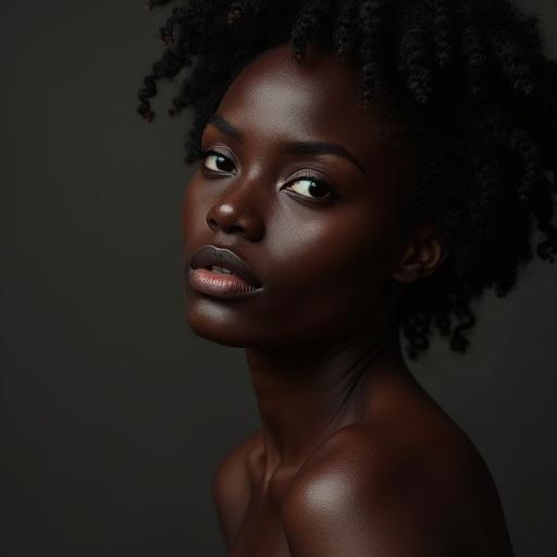 Woman with dark skin, natural beauty showcased, focus on facial features, artistic photography style.