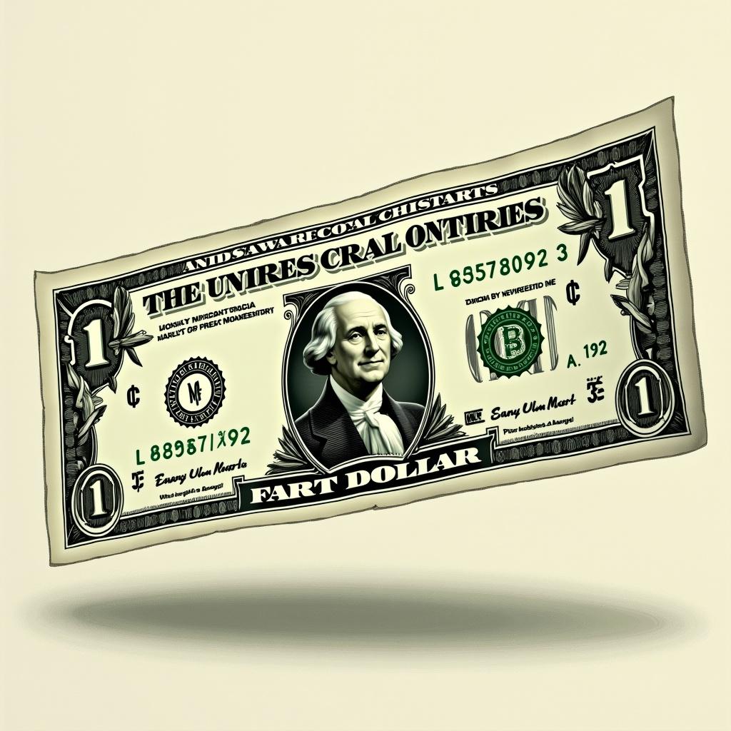 A humorous reimagining of a one dollar bill featuring funny text. The design incorporates playful graphics related to money humor.