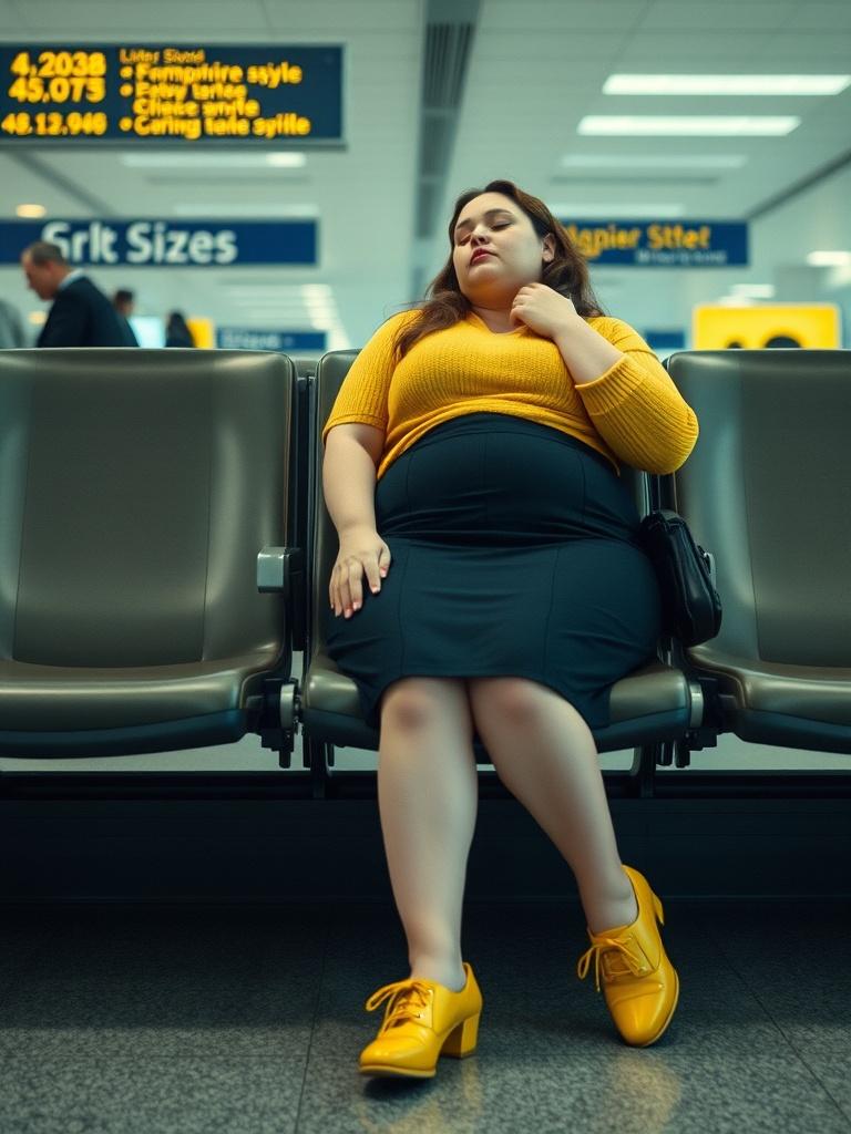 A woman in a yellow sweater and matching shoes is sitting in an airport waiting area. She appears relaxed and contemplative, with her eyes closed, as people move in the background. The lighting gives the scene a warm, inviting atmosphere.