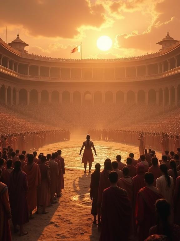 Epic scene from Mahabharata in Hastinapura arena filled with people. Intense silence spreads among thousands of spectators. Arjuna stands center after his demonstration. Wind slows, tension hangs in the air. Sunset clouds overhead, dramatic lighting captured. Just before divine warrior Karna enters. Wide view with emotional silence in this epic style, high detail, 3D look.