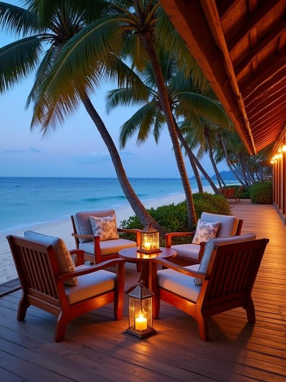Beachside patio at dusk with wooden chairs and table. Lanterns emit warm light. Palm trees frame the scene. Ocean waves in the background. A tranquil, inviting atmosphere for relaxation.