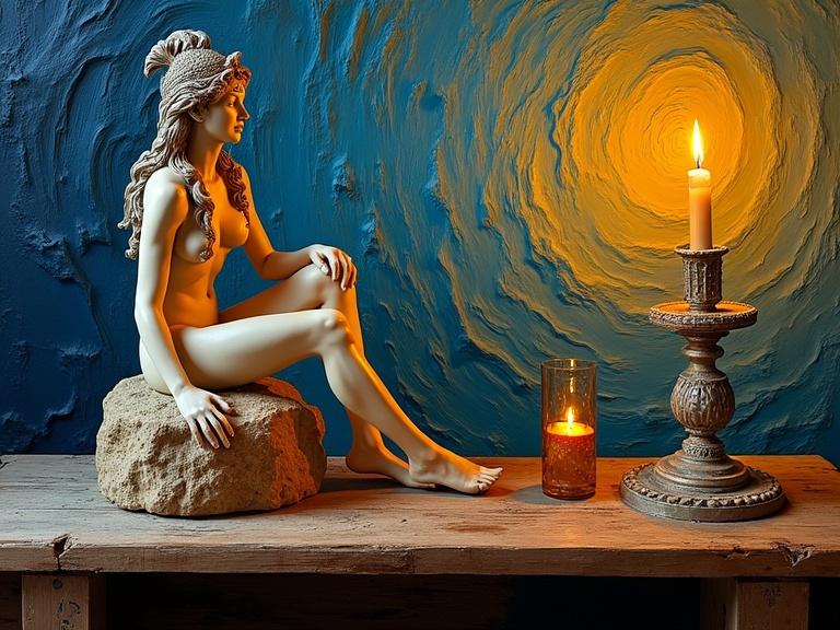 A still life with a wooden table showcasing a nude Cleopatra sculpture inciting an athlete. A flickering candle with a golden flame is nearby. The background features a swirling, textured wall in bold strokes.