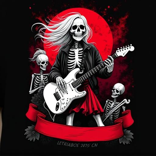 Black t-shirt with a vibrant and macabre illustration. Central figure is a skeleton with flowing white hair, playing a white electric guitar. It wears a short red skirt. To the left, a smaller skeleton plays a wind instrument. Background has dynamic red and black abstract shapes. A slightly obscured red banner is at the bottom. The overall style is illustrative and edgy.