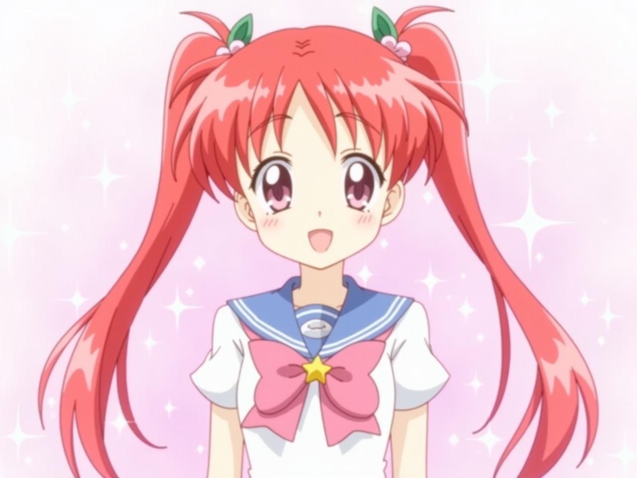 The image features an animated character with two long pigtailed hairstyles, colored a striking shade of red. They are dressed in a uniform that includes a white shirt adorned with a blue collar and a large pink bowtie. The uniform also features a star-shaped emblem on one shoulder. The background consists of soft pink hues, sprinkled with sparkling effects that give a magical atmosphere. The character appears to be in a cheerful or confident pose, contributing to the overall vibrant and lighthearted theme of the image.