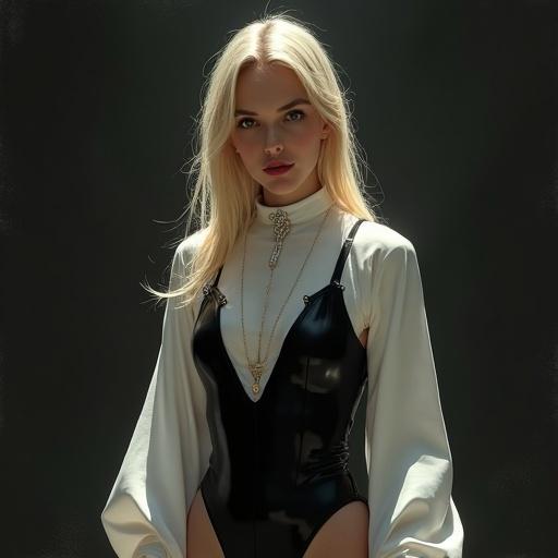 Young woman with platinum blonde hair dressed in a warrior nun-inspired outfit. White short veil frames the face. High collar with a large silver cross. Black latex bodysuit or snug outfit. Long white sleeves attached above. Shiny black stockings high on the thighs. Dramatic overhead lighting creates deep shadows against the dark textured background. Digital painting style with visible brush strokes.