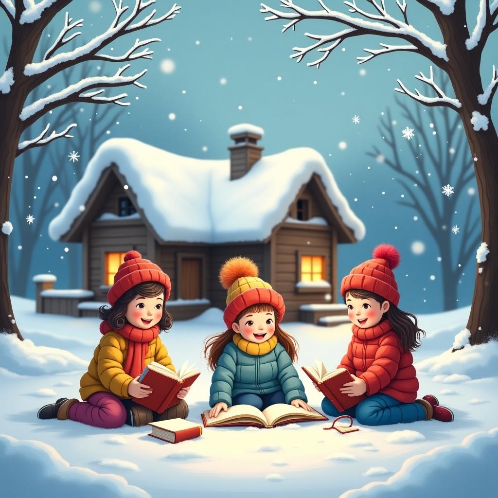 Three children enjoying books in the snow. Colors are bright with winter decorations. A cozy cabin is in the background. Snowflakes are falling gently around them. They wear colorful winter hats. Colorful jackets keep them warm. The scene is serene and inviting.