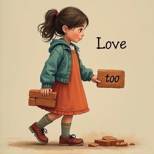 A girl carries a brick in her right hand. She holds a brick with text 'Love' and another brick with text 'Love you too'.