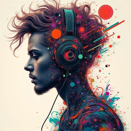 Profile view of DJ head with headphones in a biomechanical style. Features vibrant colors and abstract patterns for a kaleidoscopic effect. Detailed and dynamic design emphasizing character design elements.