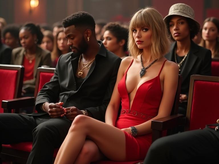 Photorealistic image of a young, slender, and attractive woman with a bob hairstyle. She wears a red prom dress with a split, showcasing impressive cleavage and stylish jewelry. Captured in a glamorous setting at an awards show, sitting in the front row near celebrities. The atmosphere is lively, filled with excitement and fashion.