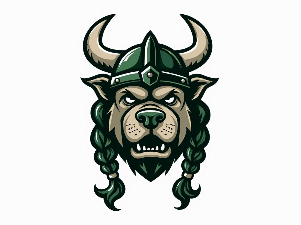 This image features a stylized illustration of a fierce, horned animal resembling a dog or wolf, adorned with a Viking helmet and braids. The expression is intense, conveying strength and determination. The artwork uses a limited color palette focusing on shades of green and beige, contributing to its bold appearance.