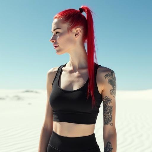 Realistic image of a young fit slim woman in a black tank top and spandex pants in a desert. Long nose with dark red punk ponytail, small hair strand on her face. Piercing on eyebrow and tattoo on her arm. Bright white ground and blue sky.