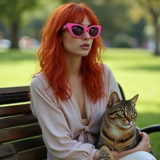 A woman with red hair wears large pink sunglasses. She sits on a park bench with a cat in her lap. The background is a green park.