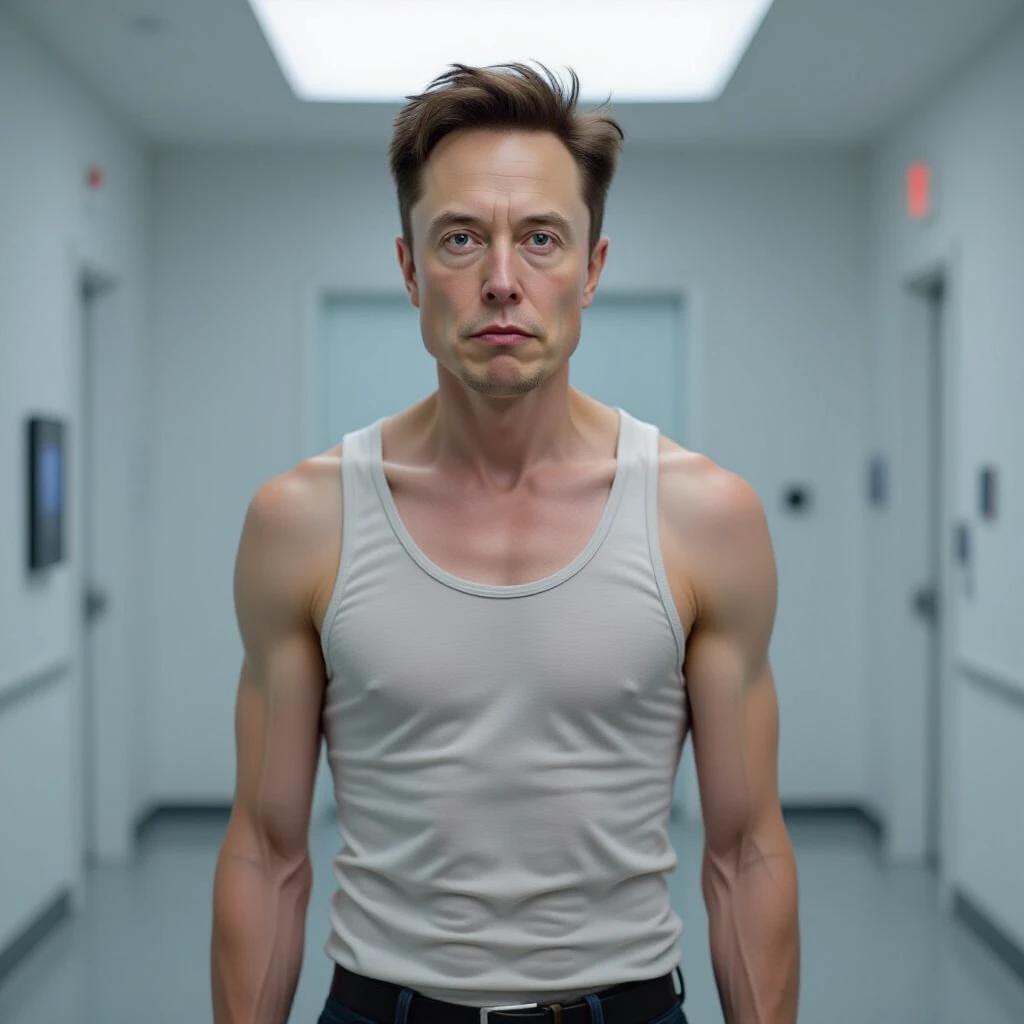 Image of a skinny man with gaunt facial features and visible cheekbones. He wears a loose tank top. The setting is minimalistic and slightly futuristic. The tone is somber with a hyper-realistic style.