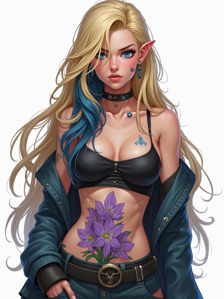 Character has long blonde hair with dark blue highlights. The character has blue eyes. Wears a revealing outfit with cargo pants. Displays a tattoo of purple violets on her ribcage. Female character has multiple ear piercings. Shows elements of fantasy.