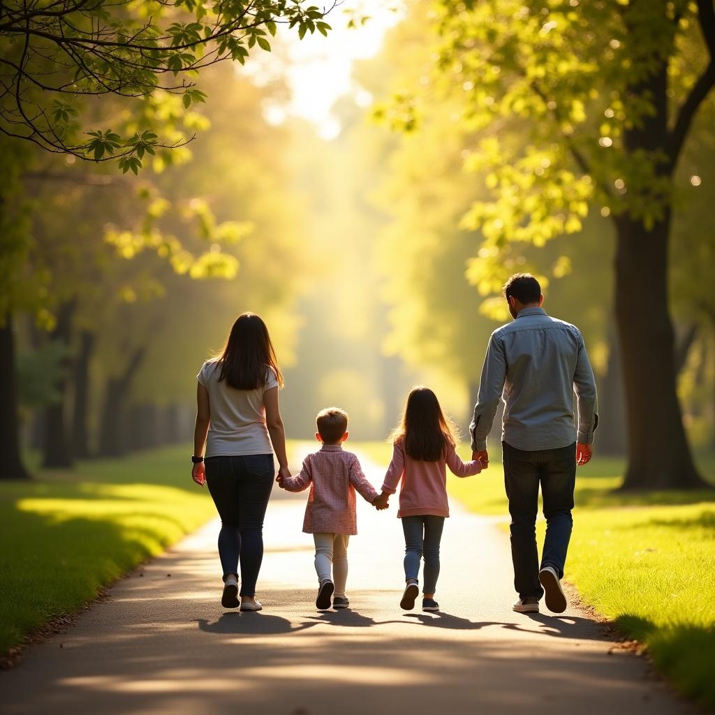 A family of four walks together on a sunny, tree-lined path. The scene captures a warm Spring day. The parents and children hold hands. The sunlight shines through the trees casting a soft glow.