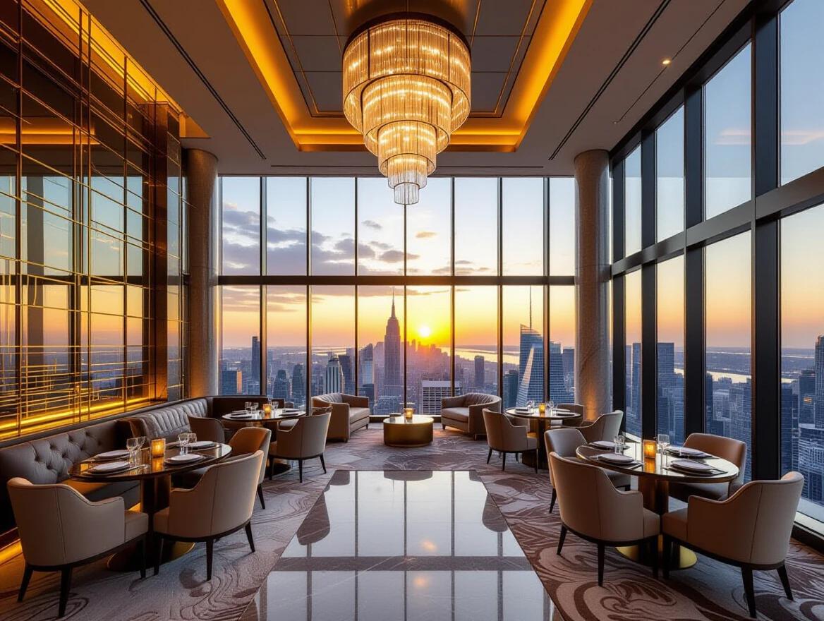 Ultra-luxurious indoor sunset lounge inside a high-rise space. Features expansive floor-to-ceiling windows showcasing a city skyline. Golden hour sun setting over the cityscape transitions into evening. Rich modern interiors with grand high ceilings. Layered designer lighting and marble wall panels with golden inlays. Soft lighting creates reflections. Elegant round dining tables with velvet table runners and upholstered chairs. Plush neutral tones with gold trim. Artistic organic-patterned carpet. Glass chandeliers enhance luxury. Polished flooring completes the aesthetic. No people present for a clean layout. Ultra-detailed realistic textures.