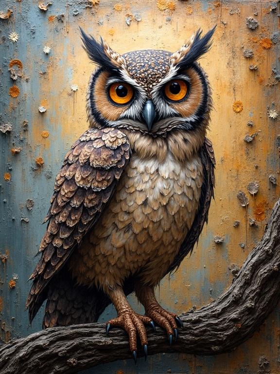 Oil painting of a velvet owl. Thick and textured impasto used. Collage elements include ash, hair, newspaper, jute, wood, sand, confetti, origami. Features scratches, drops, and tears. Luminous colors create depth. Magical and evocative.