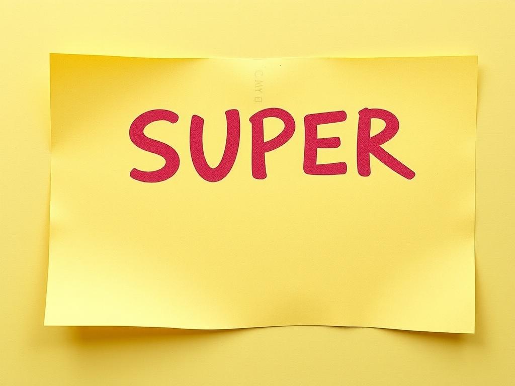 This image features the word 'SUPER' boldly printed in bright red on a slightly wrinkled yellow paper, set against a matching yellow background. The vivid contrast between the red text and yellow backdrop creates an eye-catching and energetic visual, evoking a sense of positivity and impact typical of pop art style.