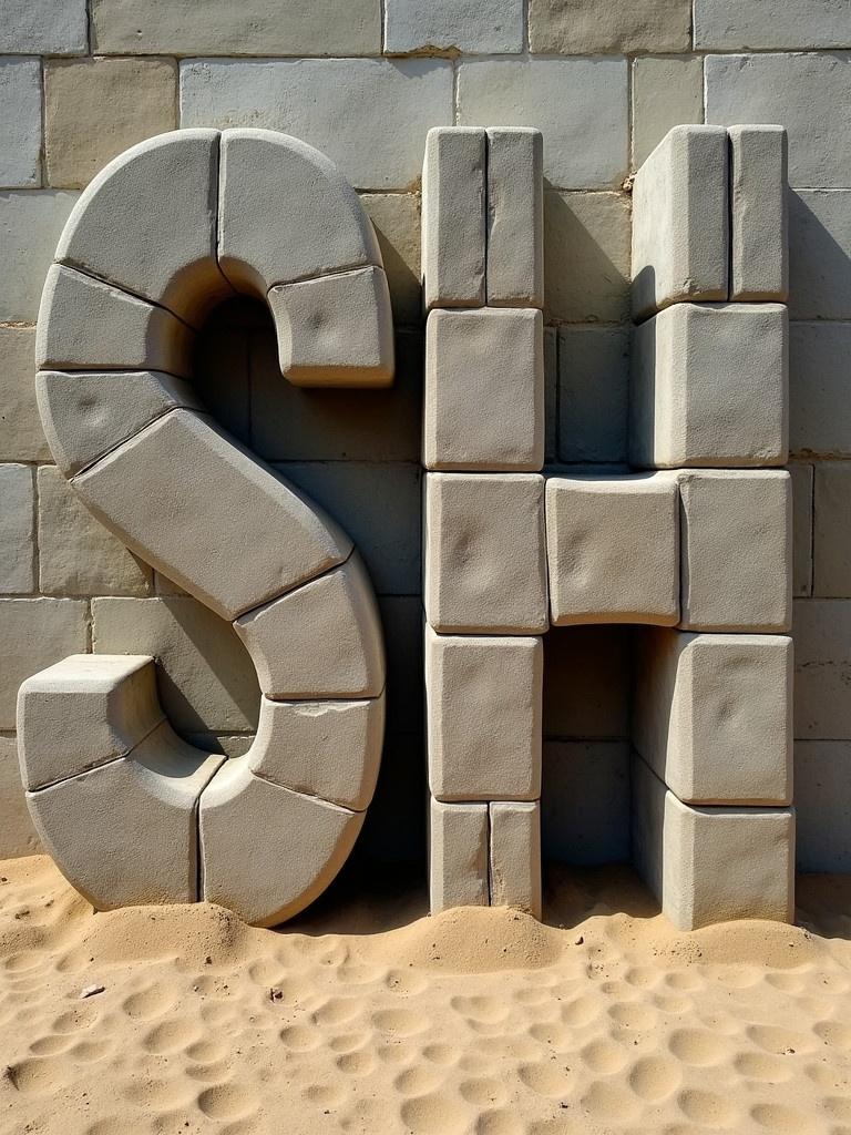 Huge stone blocks form letters SH at center. Blocks rest on sand. Surface appears aged and rustic.