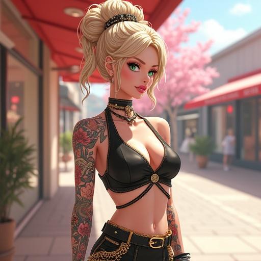 Anime woman in a high-tech luxurious setting. Age 59, with light blonde oversized bun. Wearing edgy Gucci streetwear. Emerald green eyes and light pink jewelry. Displaying traditional Japanese tattoos. Emphasizing a futuristic theme with a cybernetic leg. Shopping in a vibrant cherry blossom village.