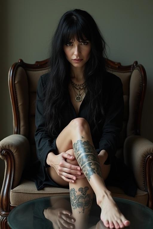 A mature goth woman with long black hair sits comfortably in a vintage chair. Her bare feet rest on a glass table. Detailed tattoos adorn her leg and foot. She wears a black dress and layered necklaces. Natural light gives a soft ambiance to the scene.