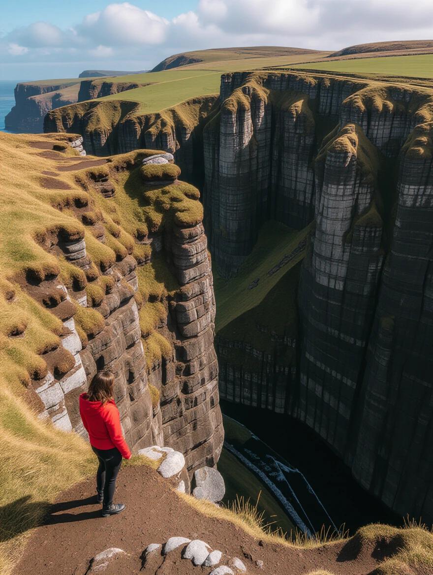 Photo of a person standing on the edge of a cliff looking down nervously. Dramatic landscape with towering rock formations and ocean view in the background.