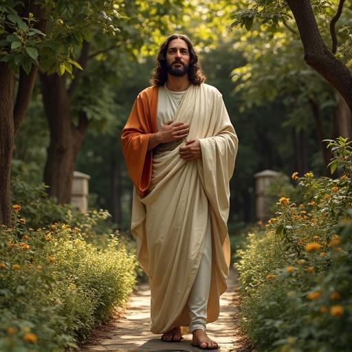 Superrealistic image of Jesus praying in a garden. The scene should be tranquil and inspiring. Jesus is depicted with long hair and robes. Surroundings include trees and flowers.
