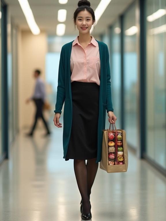 Korean female secretary walking at work. Carrying a bag with bento boxes for colleagues. Wearing a blush-pink blouse, black skirt, teal cardigan, dark pantyhose, and black pumps. Neatly styled hair, light makeup, and a smile. Bright office lighting.