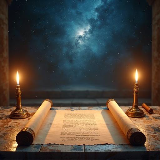Stars above parchment scroll on ancient marble table. Scroll glows with Greek writings and divine symbols. Figures of Greek god Zeus gather around. Elegant robes flow in breeze. Uplight from torches casts dramatic shadows. Scene captured in centered cinematic shot. Photorealistic textures and natural lighting with HD precision. Epic moment frozen in time.