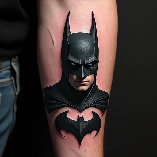 Tattoo design of Batman in a dark and eerie style. Shows a close-up of Batman’s face with a somber expression. Features the iconic bat symbol below. The overall look is dark and dramatic with attention to detail.