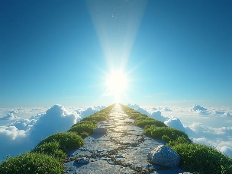 Floating pathway in the air made from moss and crystals rises up to infinite heavens. Intense pure light at the center. Cloudless cobalt-blue sky. Elegant text with golden letters: '57 ANI'.