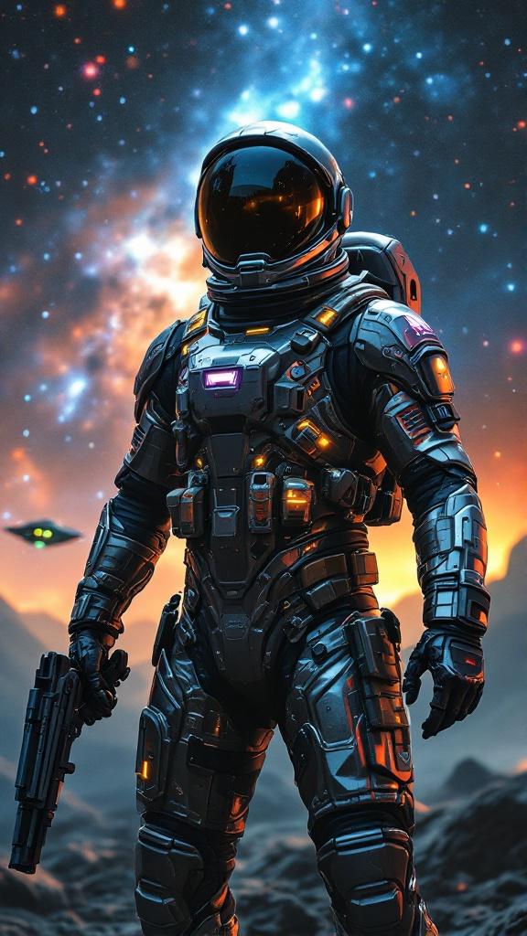 Astronaut in a sleek metallic exosuit against a starry galaxy backdrop. Utility pouches and a holstered gun. Stunning visual with a neon-lit spaceship in the distance. Inspired by futuristic styles. Dark gritty color palette. Emphasis on dynamic lighting and metallic textures.