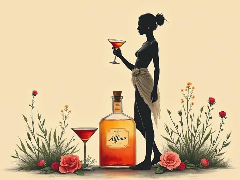 Minimalist screen print art depicting silhouettes of women holding cocktail glasses. A bottle named ALFRUNO is centrally placed, surrounded by flowers. The style is clean and bold with simple strokes against a beige background. Mood is mysterious and elegant.