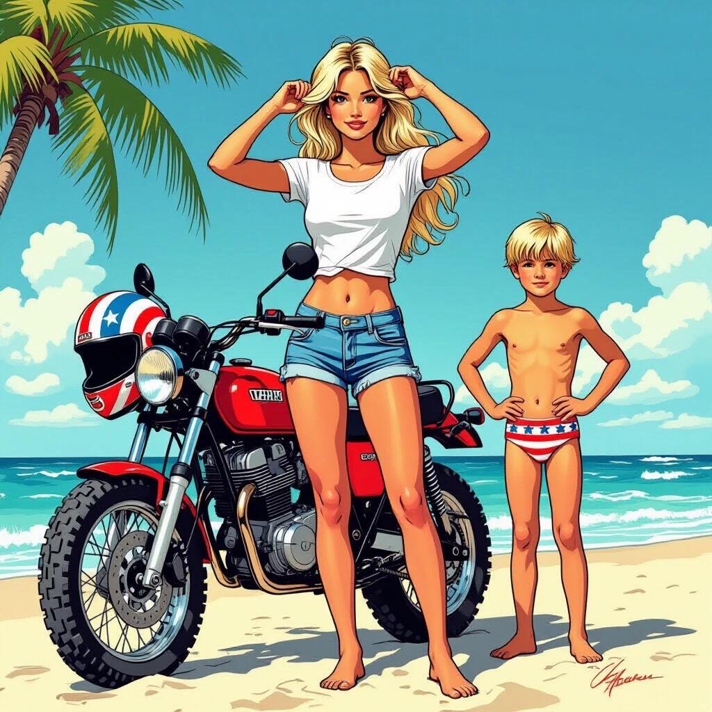 Comic-style illustration of a girl and boy at the beach. Girl wears a white t-shirt and shorts. She stands beside a motorcycle. Helmet on motorcycle shows patriotic design. Boy wearing speedos poses near. Details include sunny beach background with palm trees.