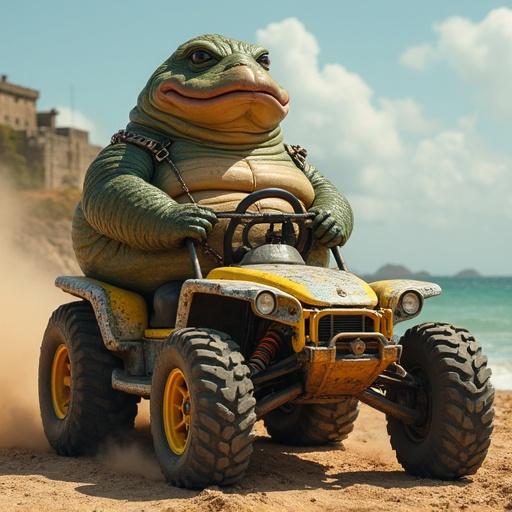 A character resembling a frog driving an all-terrain vehicle on the beach. The background shows El Morro Castle in Puerto Rico. The character has a large, humorous appearance. The scene is set on a sunny day with clear skies.