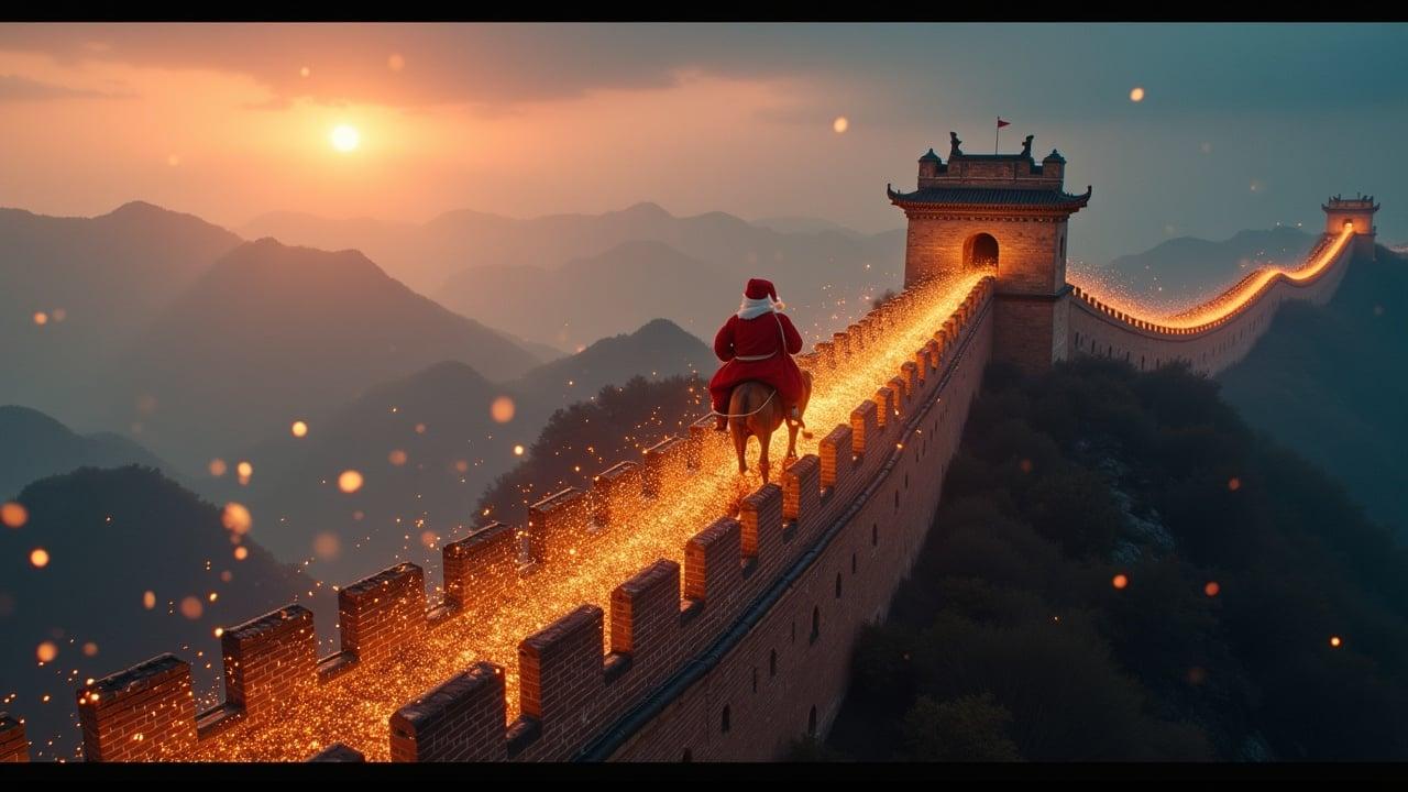 Magnificent Christmas scene with Santa and reindeer flying over the Great Wall. The sky is filled with sparkles. The shot captures a magical atmosphere, moonlit night.