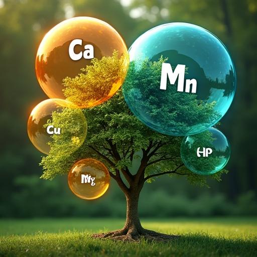 High-detail photo of a healthy tree in a garden. Glowing bubbles represent elemental nutrients: large orange bubble labeled 'Ca', large blue bubble labeled 'P', green bubble labeled 'Mn', smaller bubbles labeled 'Cu', 'B', 'Mg', 'Zn'. Image should be vibrant dynamic scientific visual.