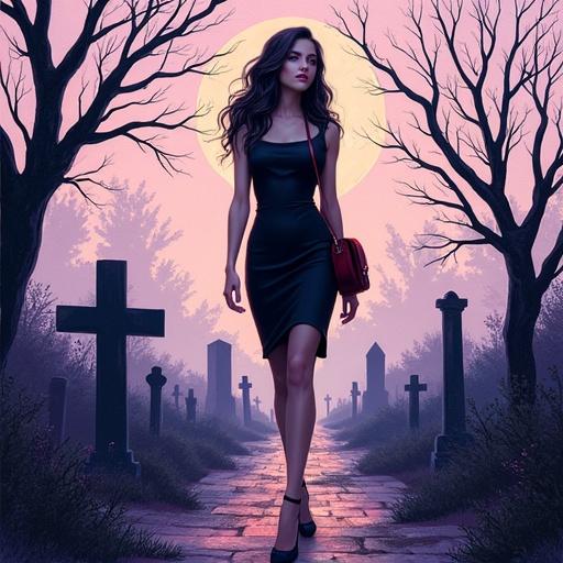 A young woman walks through a graveyard. She has dark wavy hair and wears a form-fitting black dress. A dark red purse hangs from her shoulder. She appears confident and gazes in the distance. The setting includes bare trees and tombstones, with a light pinkish-purple background. The style is inspired by comic books, featuring bold outlines and vibrant muted colors. The scene has a dark fantasy and slightly spooky tone.