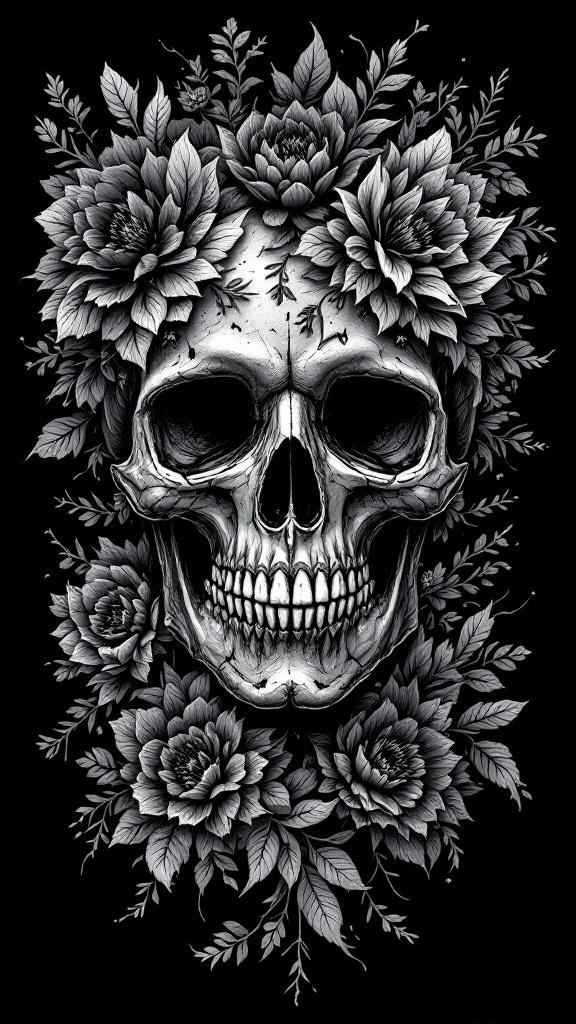 Gothic-inspired vector illustration featuring a skull surrounded by floral elements. Dark flowers and leaves enhance the detailed design. Set against a black background. Suitable for t-shirt designs.