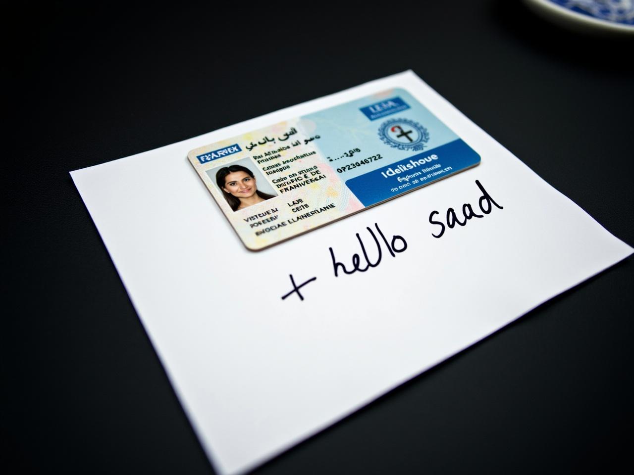 The image shows a French national identity card laying on a dark surface. Underneath the ID card, there is a white piece of paper with the handwritten text "hello saad" on it. The ID card displays personal details such as a name, date of birth, and a photo. The overall composition includes the ID card prominently displayed with the white paper clearly visible beneath it. The colors are contrasting, with the ID card in blue and white and the white paper providing a clear background for the text.