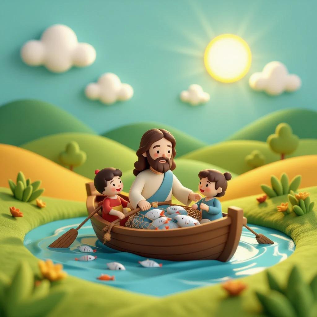 Textured felt-style 3D render shows Jesus with children in a boat catching fish. Colorful rolling hills in green and gold create a landscape. Clouds drift in a blue sky. The sun shines brightly creating warmth and whimsicality.