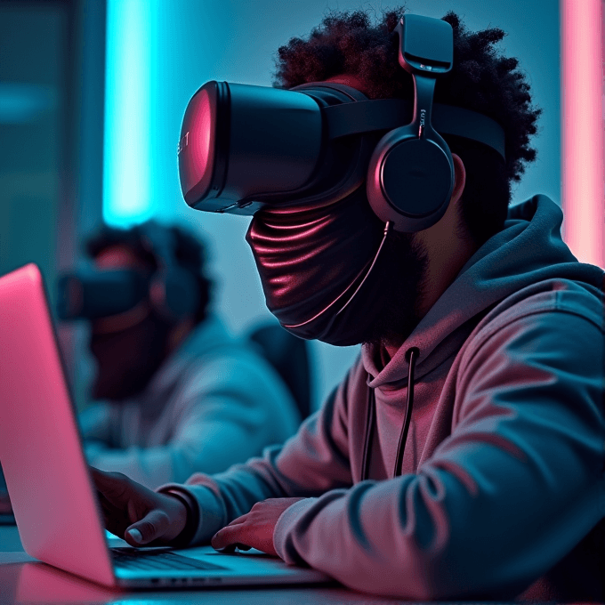 A person wearing a VR headset and headphones is focused on working on a laptop in a dimly lit room with colorful ambient lighting.