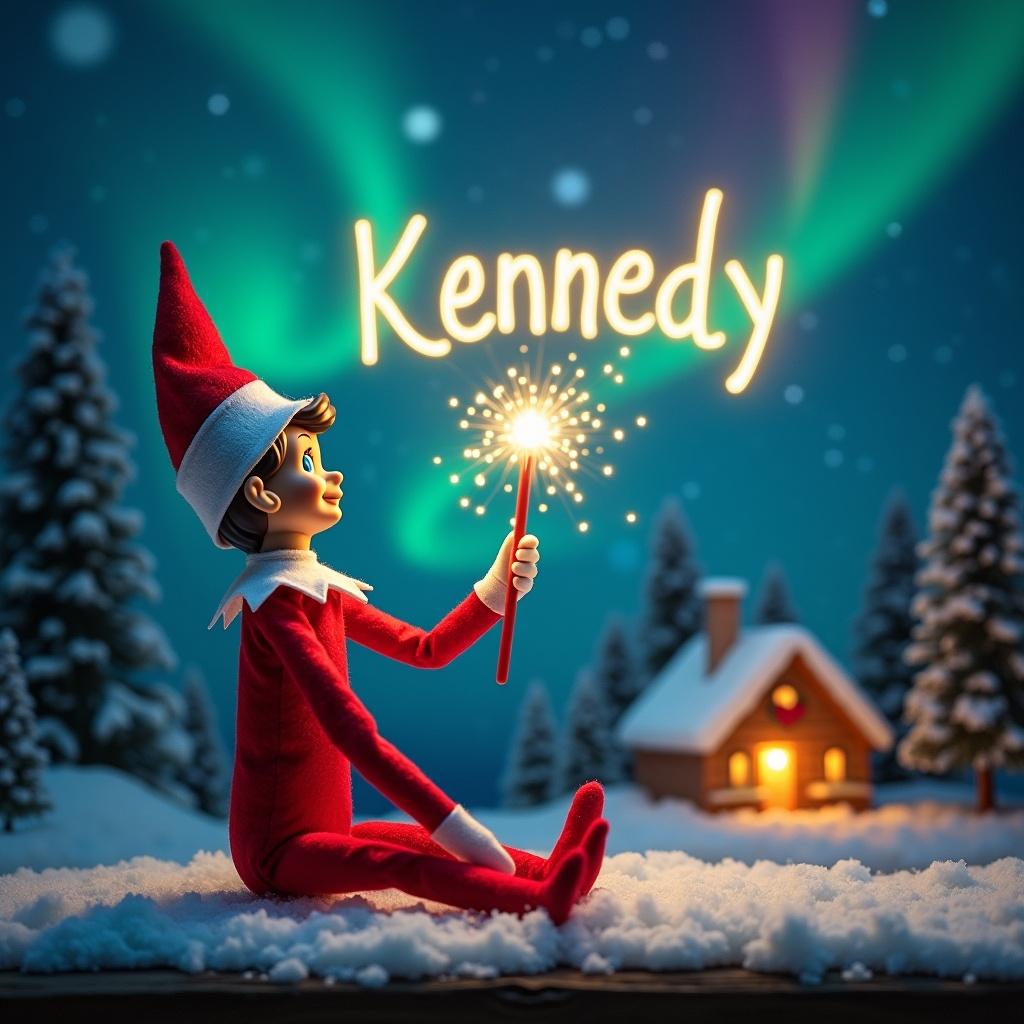 An elf on the shelf with its back to the viewer gazes upward, holding a glowing wand. The wand emits sparkling light into the night sky. A lovely Christmas scene unfolds in the background, featuring colorful northern lights swirling overhead. In the distance, a cozy house is decorated for the holidays, surrounded by snow. The elf exudes a sense of magic and wonder, reflecting the joyous spirit of Christmas. The name 'Kennedy' is written in luminous letters in the air, enhancing the cheerful atmosphere.