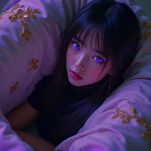Photo captures a girl portrait with glowing purple eyes. Close perspective on the head and feet with no body visible. Black socks are worn. Soft lighting creates an atmosphere. Gold flowers in the background enhance the beauty of the image.