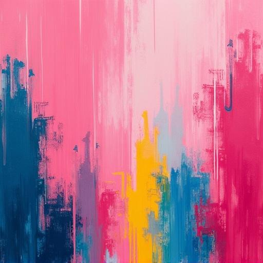 An abstract painting characterized by fluid brushstrokes and bold colors. Dominance of pink with contrasting blue yellow green. Varied brushstroke thickness adds depth. Vibrant creative atmosphere evokes freedom and endless possibilities.