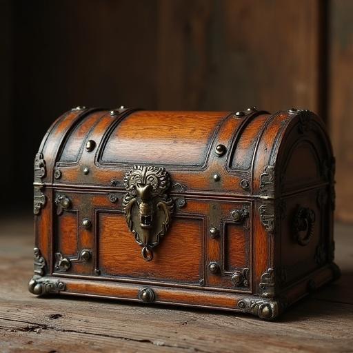 Realistic treasure box with ornate detailing and lion-head latch. Wooden material with metal accents. Positioned on a rustic wooden surface.