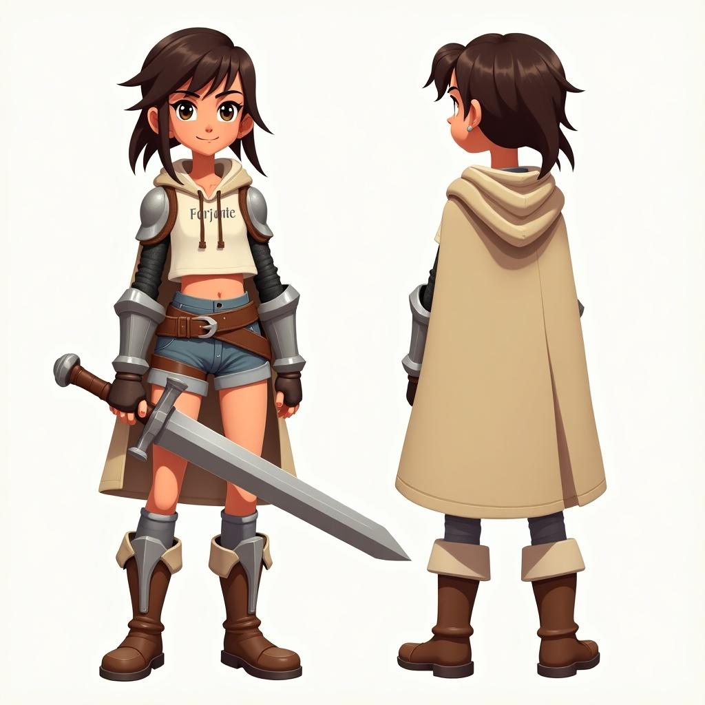 This image features a character design of a brave and clever girl. She is depicted from three angles: front, side, and back, allowing viewers to see the entire outfit and details from head to toe. Her outfit includes a cropped hoodie, shorts, and sturdy boots, which emphasize her adventurous spirit. The character has a determined expression, showcasing her courage. Bright colors and a playful design make the character appealing for various media.