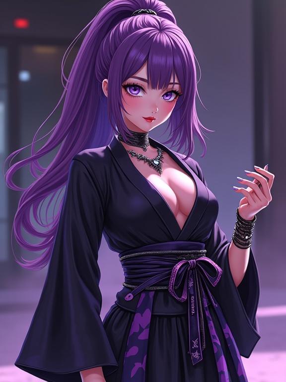 Young woman in a neo-futuristic martial arts dojo. She wears a stylish black kimono with amethyst accents. The interior appears modern and luxurious. Jewelry includes amethyst purple diamonds. The character has a serious expression. Elegant oversized ponytail showcases her unique style. A kunai rests in her hand, indicative of her training.